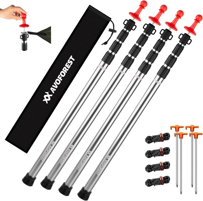 AVOFOREST Tarp Poles Heavy Duty Adjustable, Aviation Aluminum 8.7FT Tent Poles Lengthen and Thicken with Protection Cap Awning Poles Set of 4 for Hiking Silver - Image 1